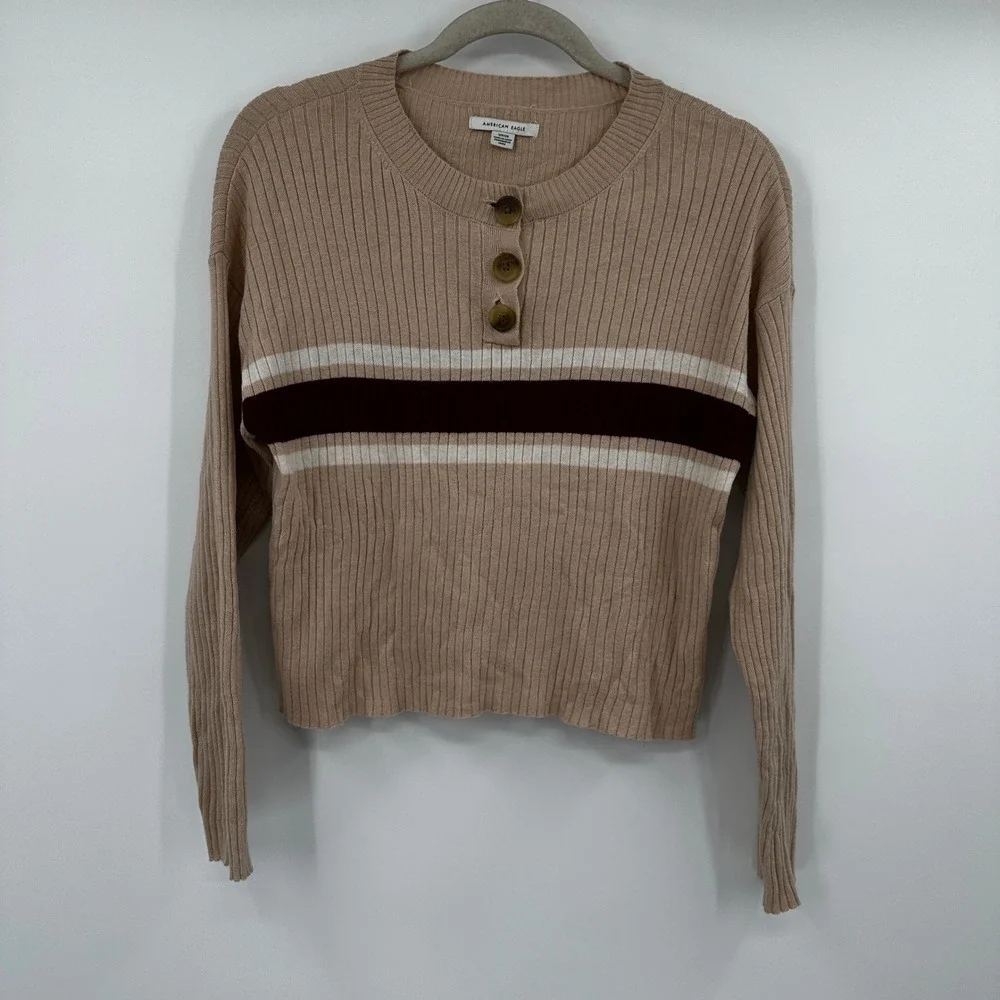 American Eagle Outfitters Ribbed Henley Crop Sweater‎ Beige Burgundy Stripes S